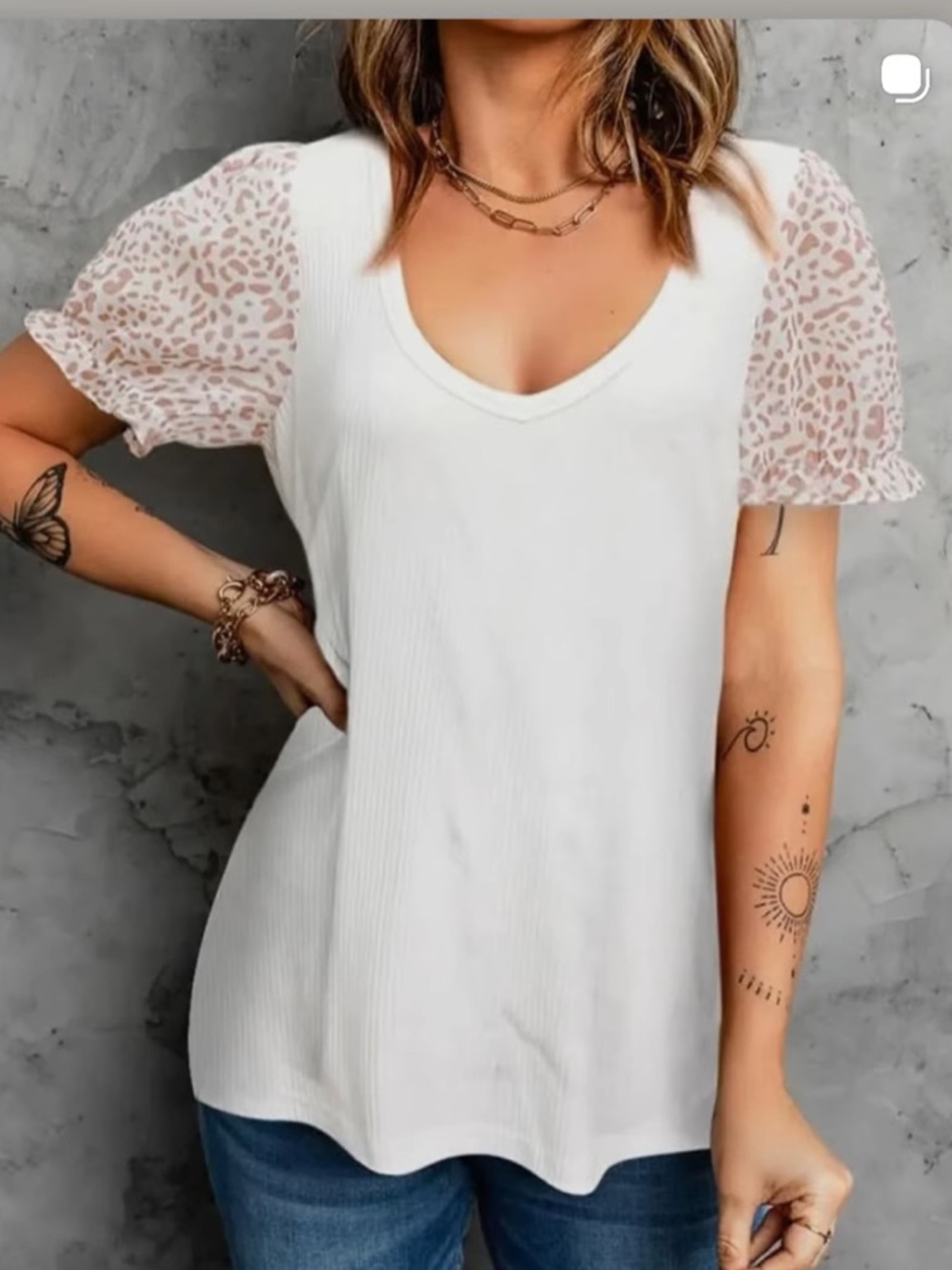 White Puff Sleeve V-Neck Top with Leopard Print Sleeves